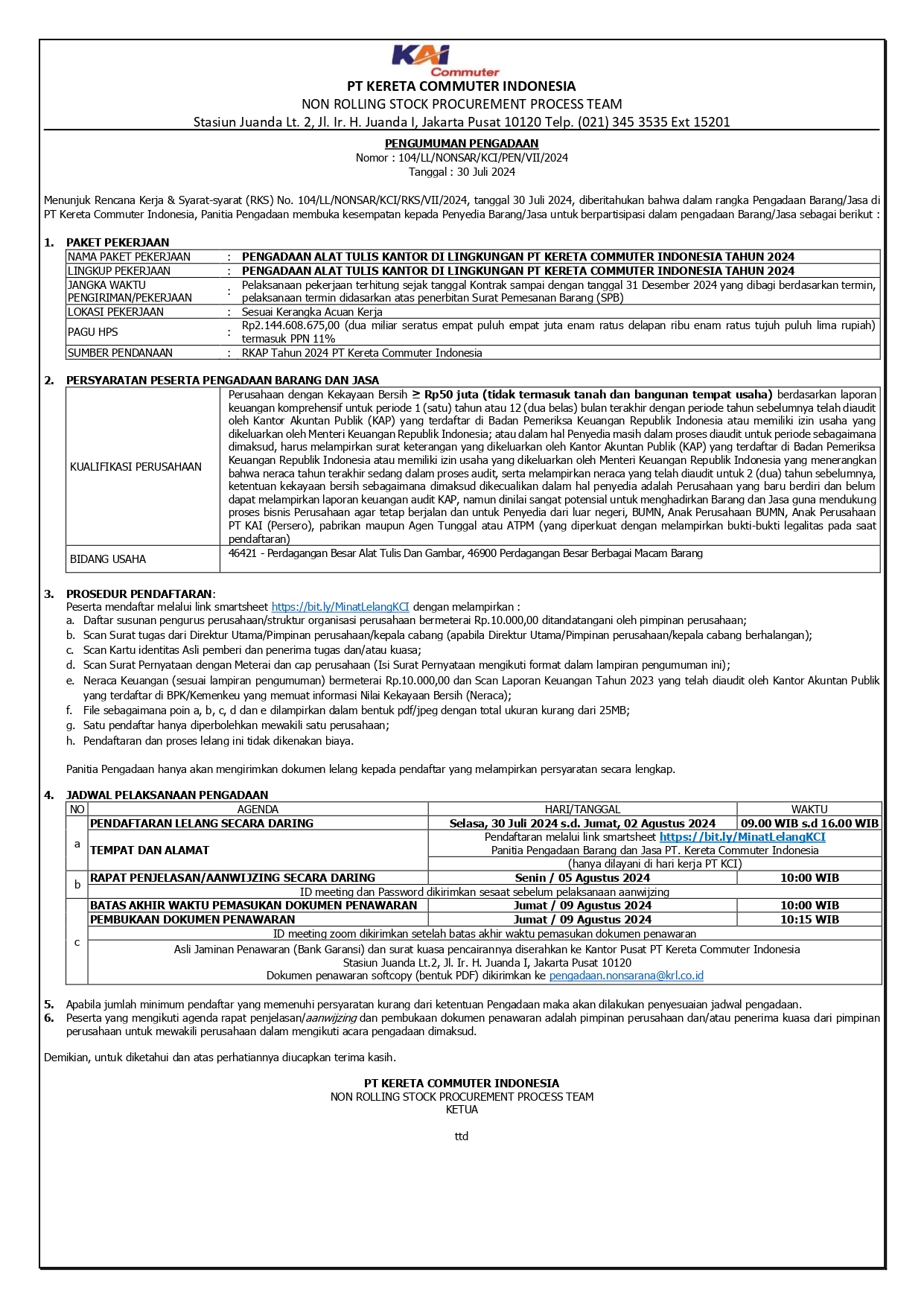 2 pengumuman 104 pengadaan alat tulis kantor di lingkungan pt kereta commuter indonesia tahun 2024 page 0001